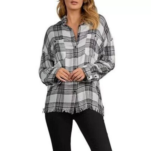 Elan Size S Metallic Plaid Black White Button Down Top Shirt Raw Hem Relaxed Fit - Picture 2 of 10